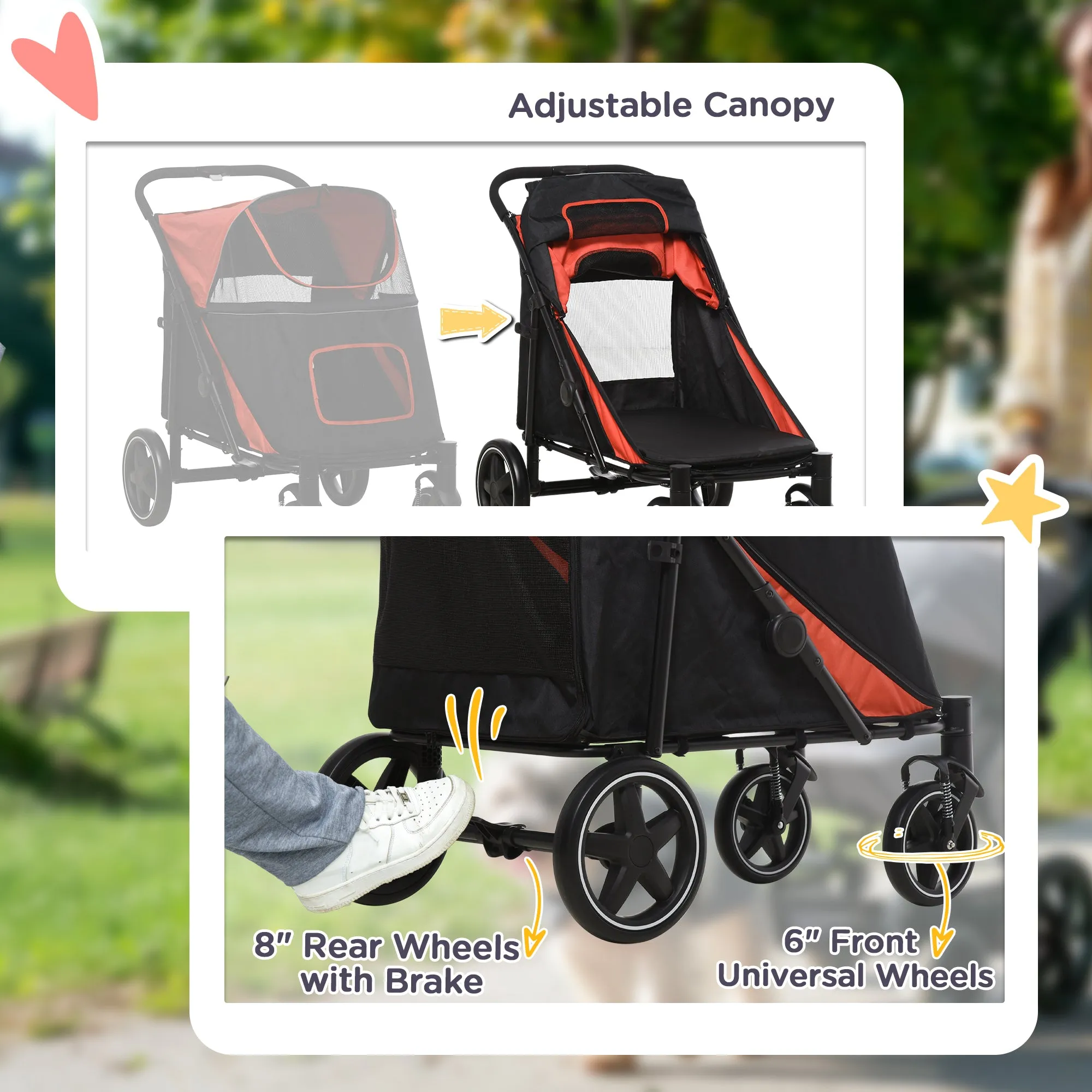 Foldable Pet Stroller, with Universal Wheels, Shock Absorber, for Medium and Large Dogs - Red