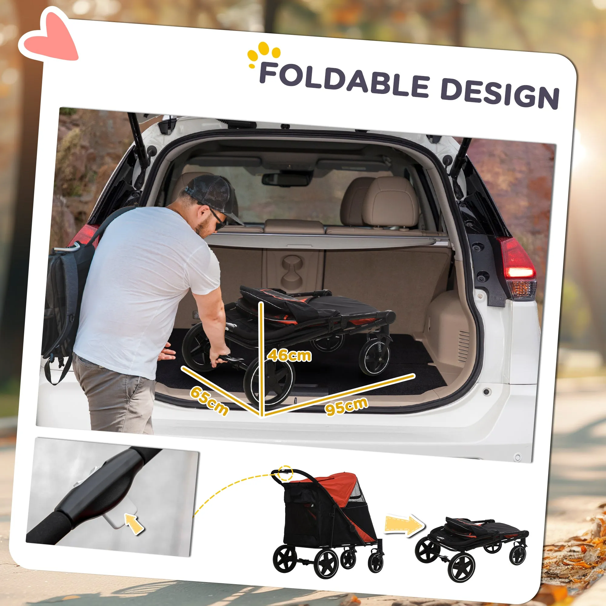 Foldable Pet Stroller, with Universal Wheels, Shock Absorber, for Medium and Large Dogs - Red