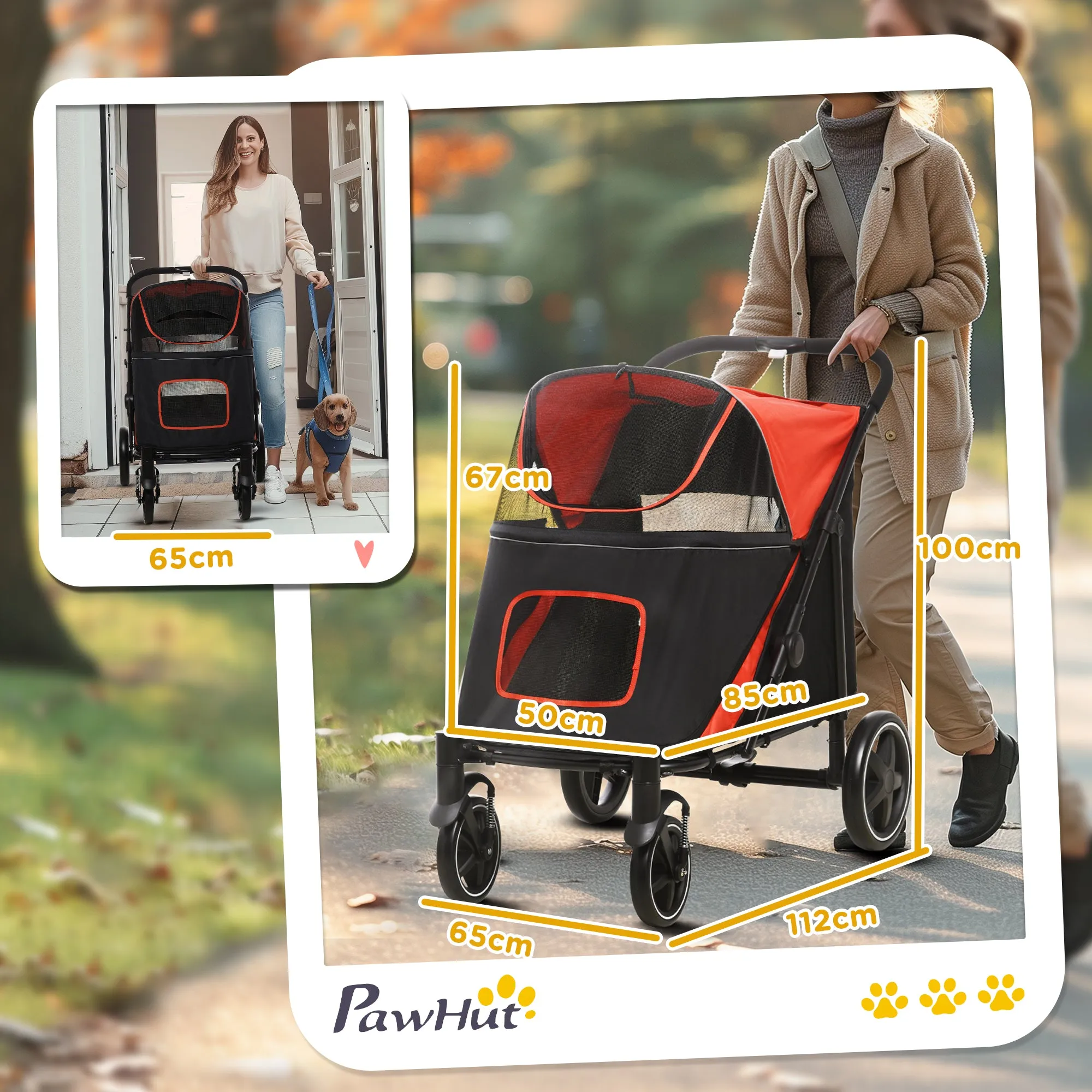 Foldable Pet Stroller, with Universal Wheels, Shock Absorber, for Medium and Large Dogs - Red