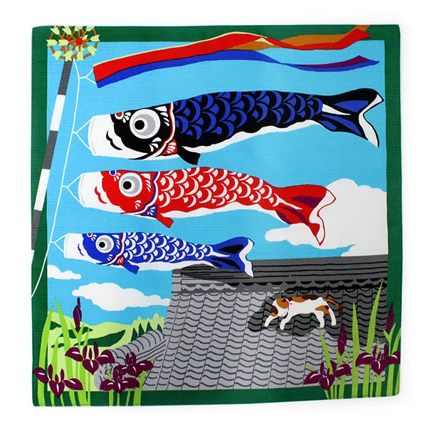 Furoshiki, Japanese Traditional Handkerchief Wrapping Cloth - Small, Blue Calico cat Mike Carp Streamer