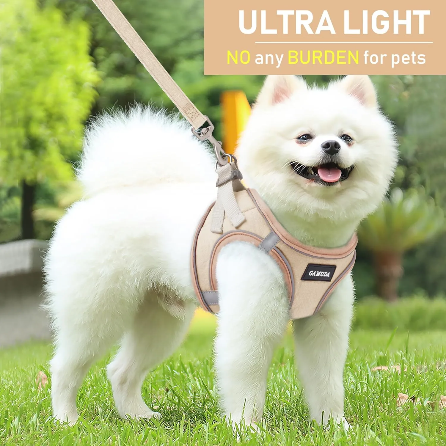 GAMUDA Small Pet Harness Collar and Leash Set, Step in No Chock No Pull Linen Fabric Soft Mesh Dog Vest Harnesses Reflective for Dogs Puppy Cats Kitten Rabbit (Khaki, XS)