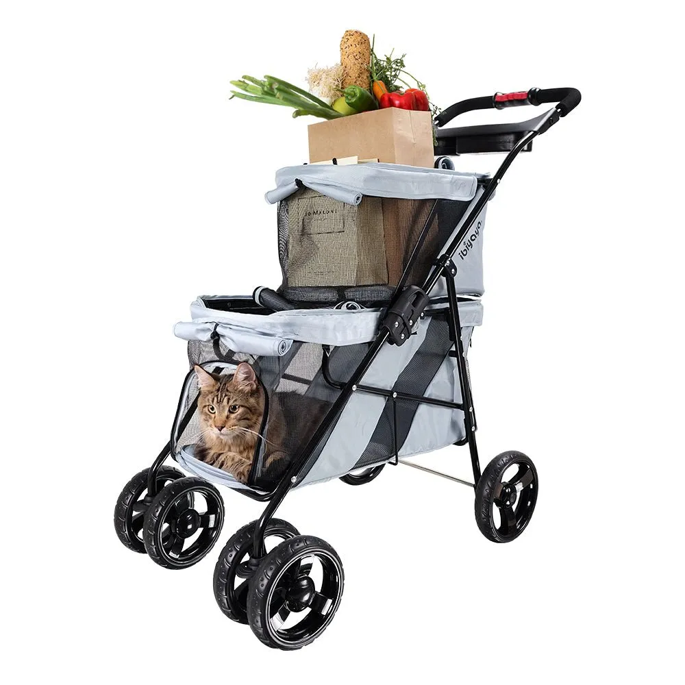 Ibiyaya Double Decker Pet Stroller for Multiple Pets - Silver Gray
