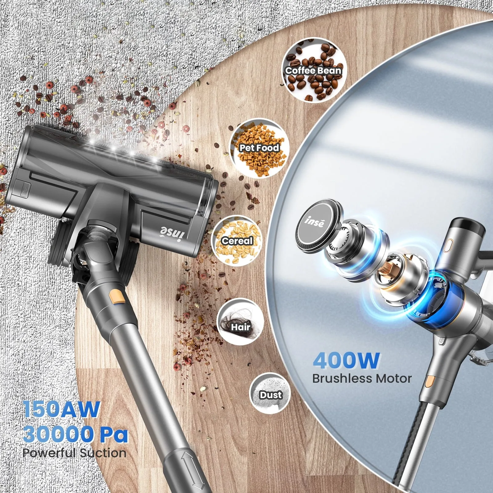 INSE Cordless Vacuum Cleaner, 55min Max Runtime, 400W/30Kpa Rechargeable Stick Vacuum with LED Display, 4 Suction Modes with Smart Adjustment Handheld Vacuum Cordless for Carpet Floor Pet Hair