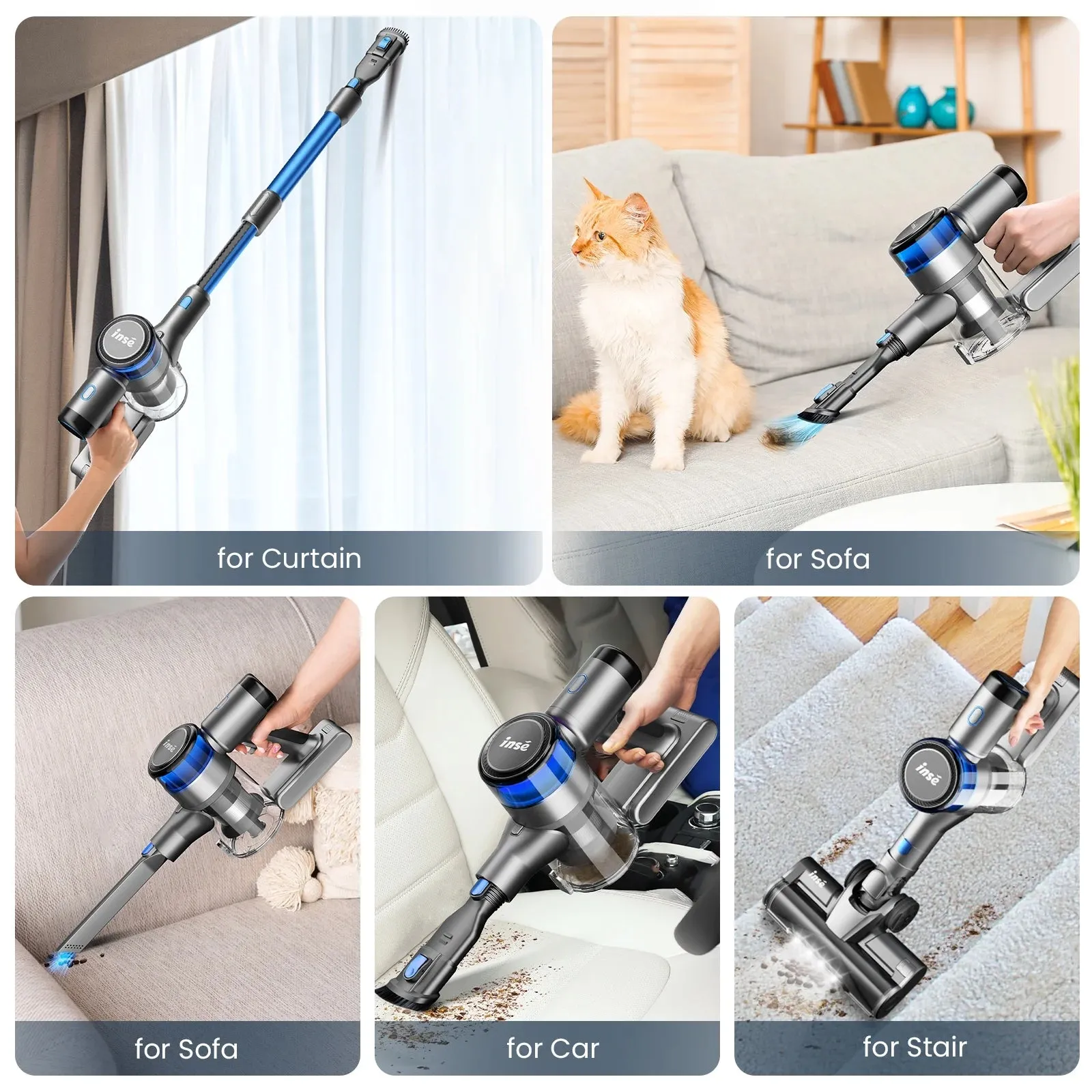 INSE Cordless Vacuum Cleaner, 55min Max Runtime, 400W/30Kpa Rechargeable Stick Vacuum with LED Display, 4 Suction Modes with Smart Adjustment Handheld Vacuum Cordless for Carpet Floor Pet Hair