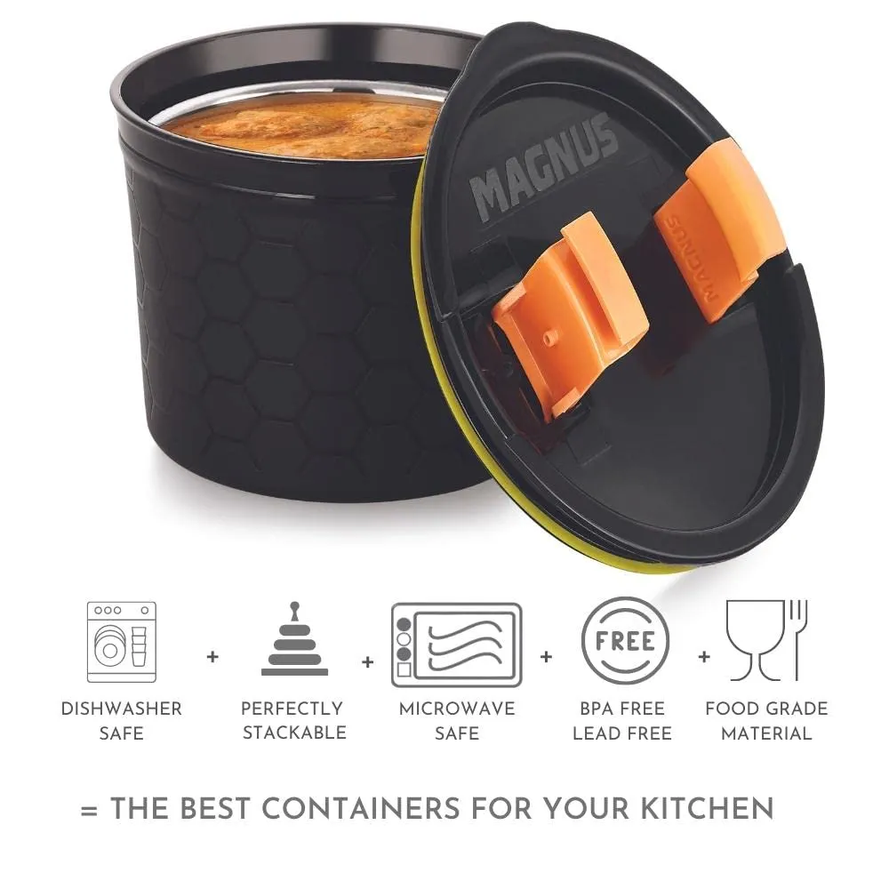 Magnus Microwave Safe Stainless-Steel Steam Lock Kitchen Food Storage Containers with Lid (Set of 3) | 150 ml   300 ml   450 ml | Black