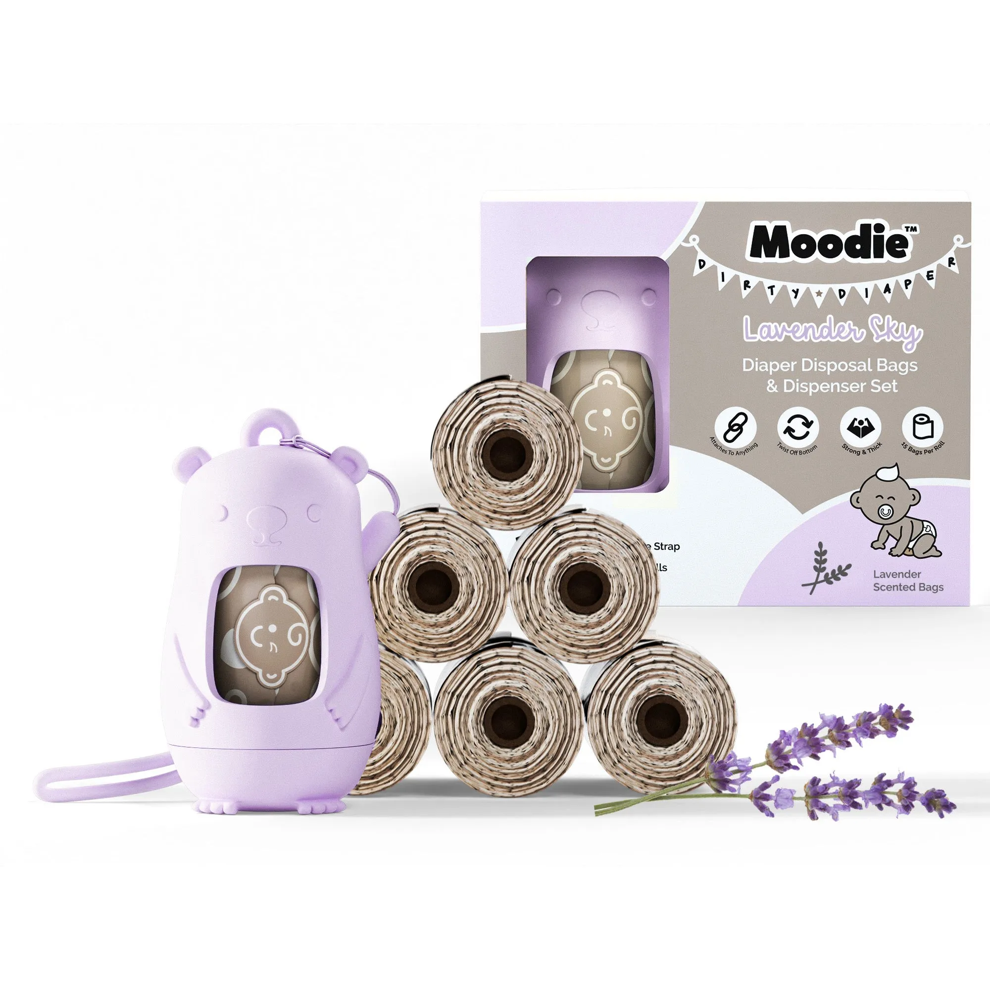 NEW Teddy Bear Disposable Nappy Bag Dispenser COMBO PACK | 105 LAVENDER SCENTED Baby Poop Bags TOTAL & 1x Dispenser (LAVENDER SKY)