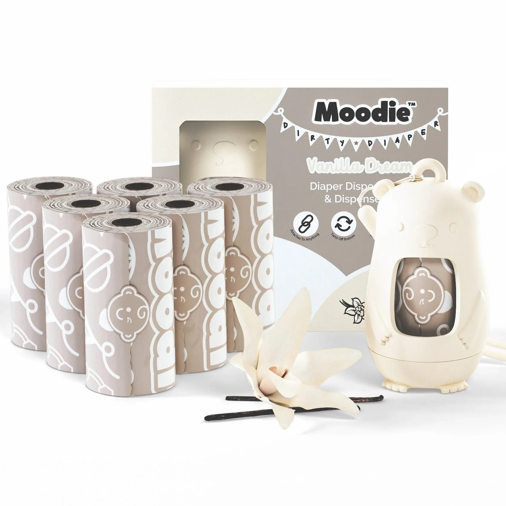 NEW Teddy Bear Disposable Nappy Bag Dispenser COMBO PACK | 105 VANILLA SCENTED Baby Poop Bags TOTAL & 1x Dispenser (VANILLA DREAM)