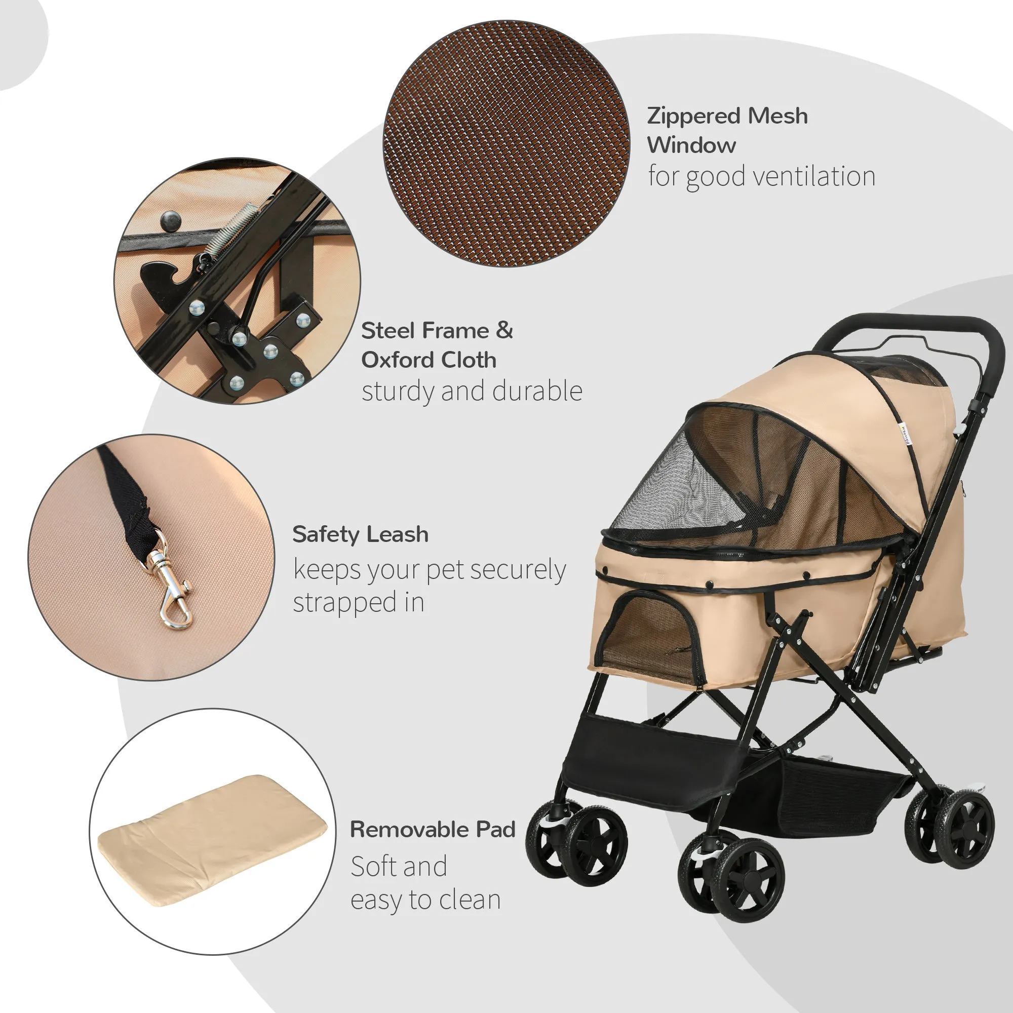 PawHut Pet Stroller Dog Foldable Travel Carriage with Reversible Handle, Brown