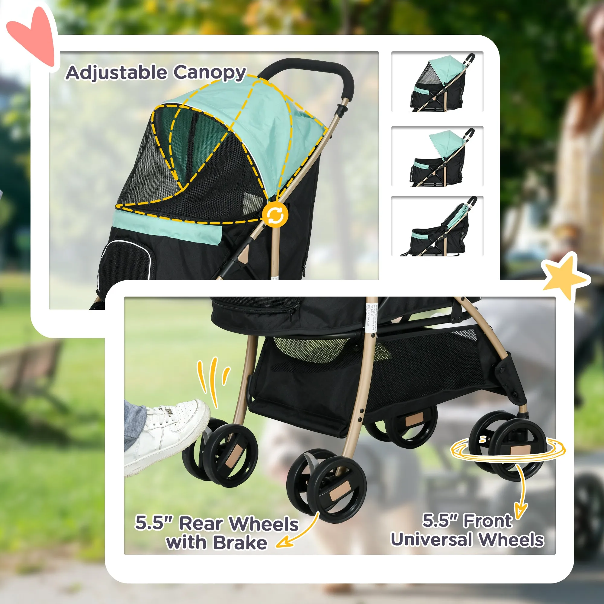 Pet Stroller for Small and Miniature Dogs, with Rain Cover - Green