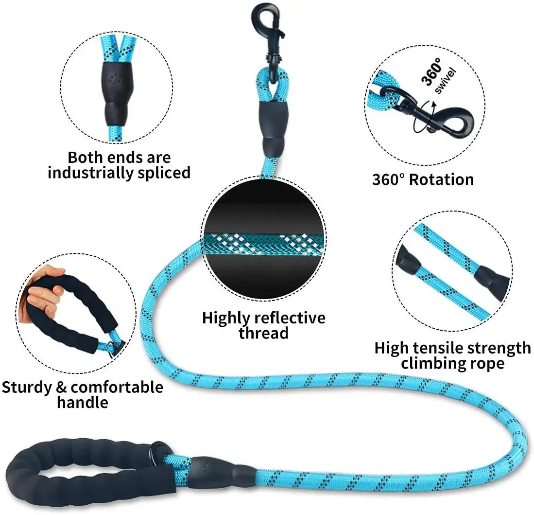 Reflective Strong Dog Leash 1.5M Long - Heavy Duty Nylon Rope Leash with Padded Handle for Comfortable Training and Walking