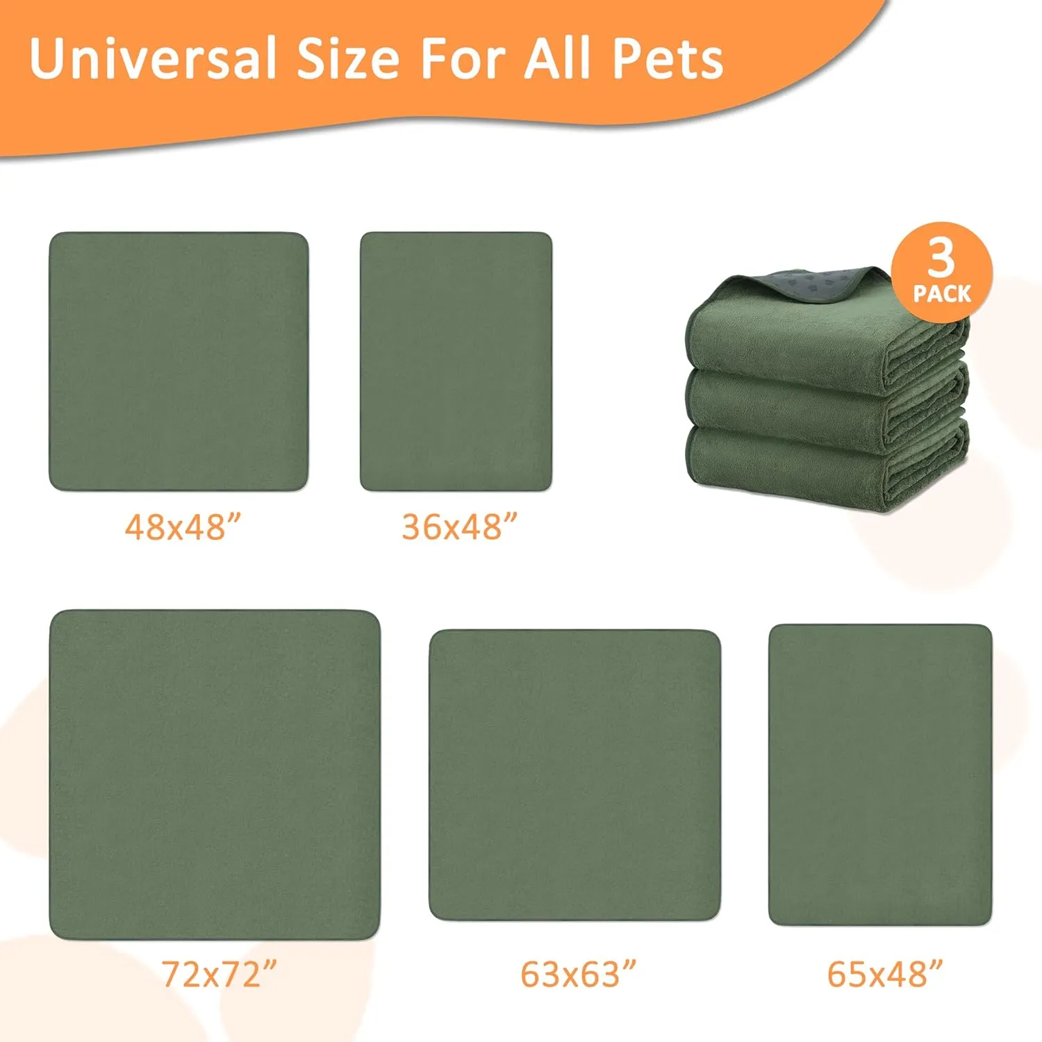 Washable Puppy Pads Extra Large 72'' x 72'', 3 Packs, Non-Slip Waterproof Reusable Pee Pads for Puppy Senior Dog , Incontinence Whelping for Dog Playpen, Quick Dry, Green